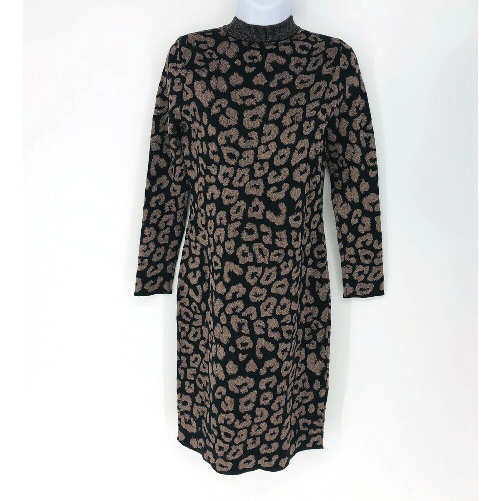 Banana Republic Metallic Leopard Print Long Sleeve Sweater Dress Black Size XS